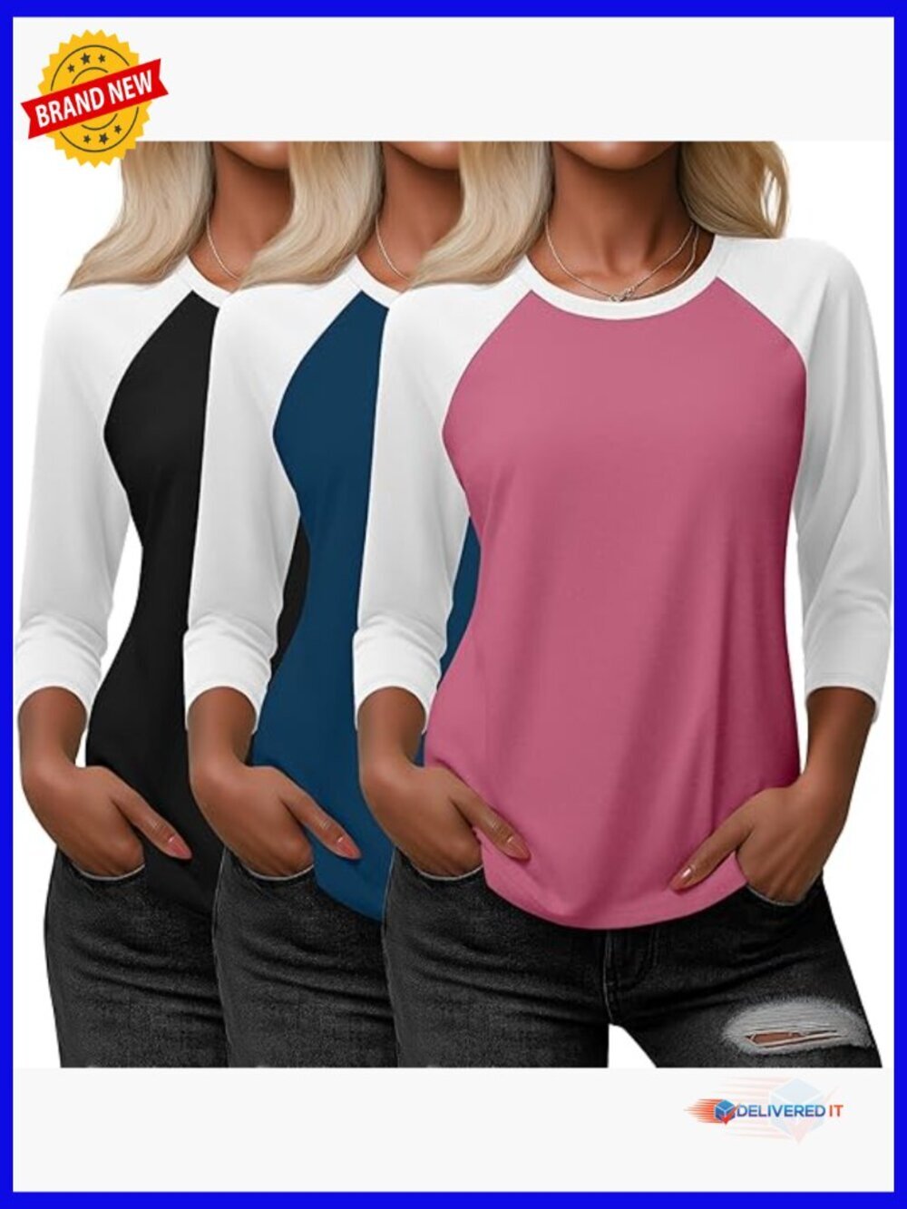 3 Pack Women's 3/4 Sleeve Raglan Tees Baseball Top Color Block Crew Neck